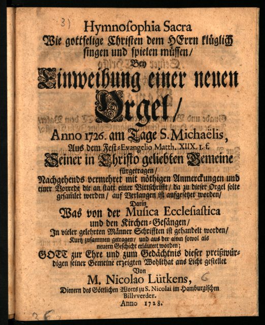 Niclaus Lütkens: Hymnosophia Sacra. [...]. Hamburg/Billwerder 1728, fol. A 1r. 