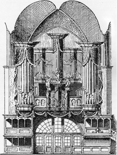 Zeichnung von Julius Faulwassser einer neobarocken Orgel.